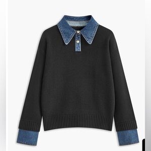Commense Black Sweater with Blue Denim Collar and Cuffs
